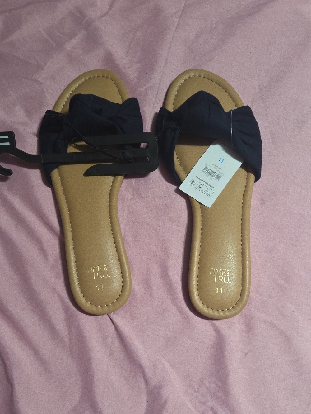 Time and Tru Navy Bow Slide Sandals with Tan Footbed - Women's